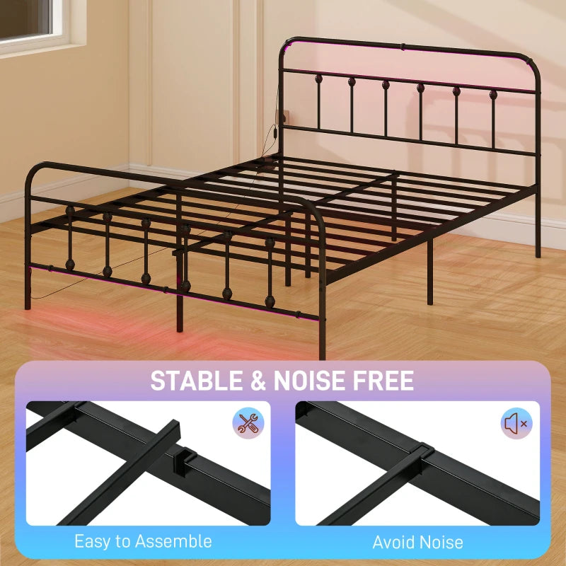 King Size Metal Bed Frame with LED Lights and USB Charging Station for Modern Bedrooms
