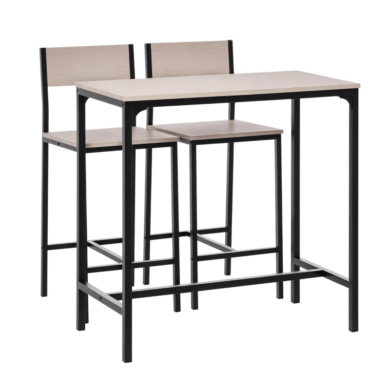 3-Piece Industrial Bar Table Set with 2 Stools, Footrest & Backrest - Perfect for Small Dining Spaces
