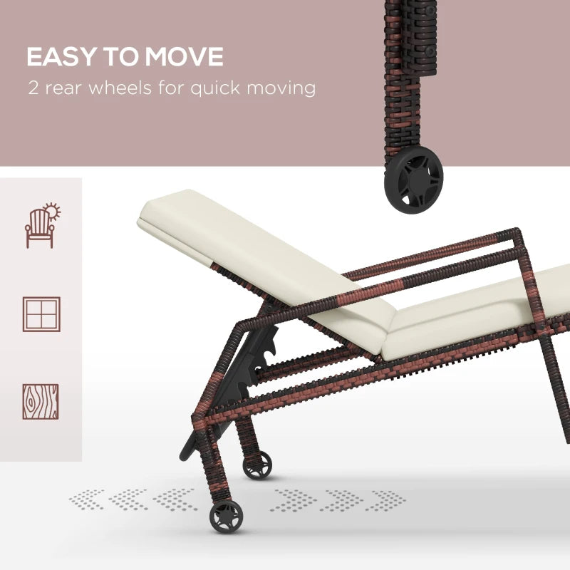 Rattan Wicker Outdoor Sun Lounger - Grey, Adjustable Backrest, 2 Wheels