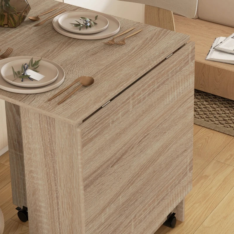 Folding Drop Leaf Dining Table for Small Spaces - 2-Tier Shelves & Rolling Casters - Natural Finish Kitchen Table