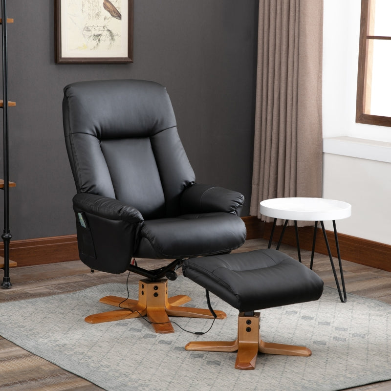 10-Point Massage Recliner Armchair with Footrest in Black PU Leather - Heated Comfort Chair