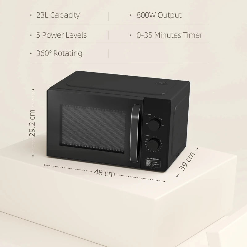 Compact 800W Solo Microwave Oven - 23L, 5 Power Levels, Defrost, 35 Min Timer, Easy Clean, Black Kitchen Appliance