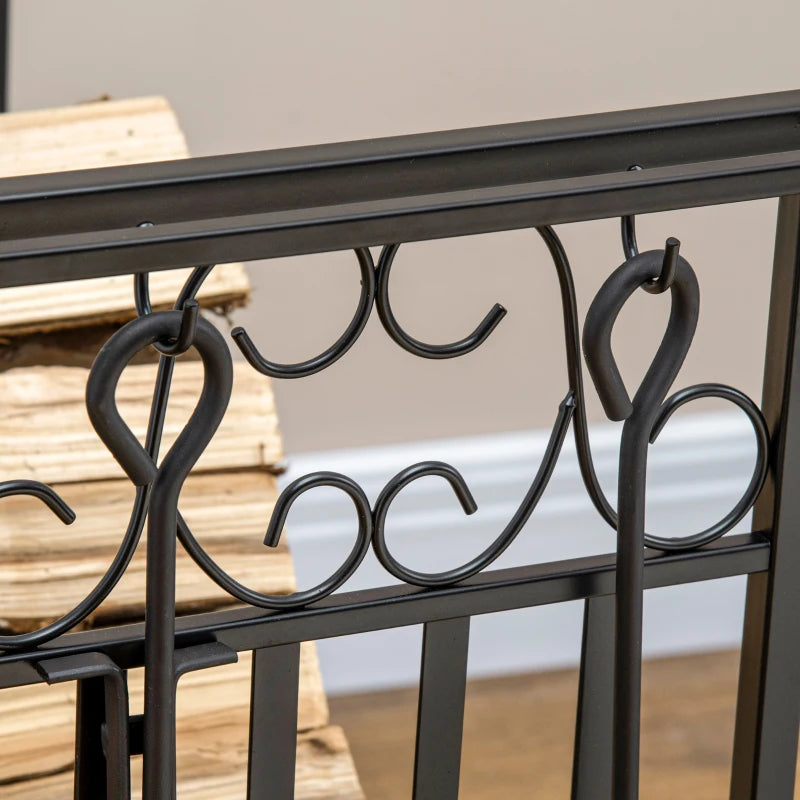 Steel Firewood Log Holder Rack - Indoor Outdoor Fireplace Wood Storage with Tools, Hooks, Rust-Resistant, Black, 75L x 30W x 60H cm