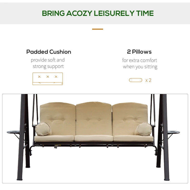 Beige 3-Seater Swing Hammock Chair with Canopy and Cushion