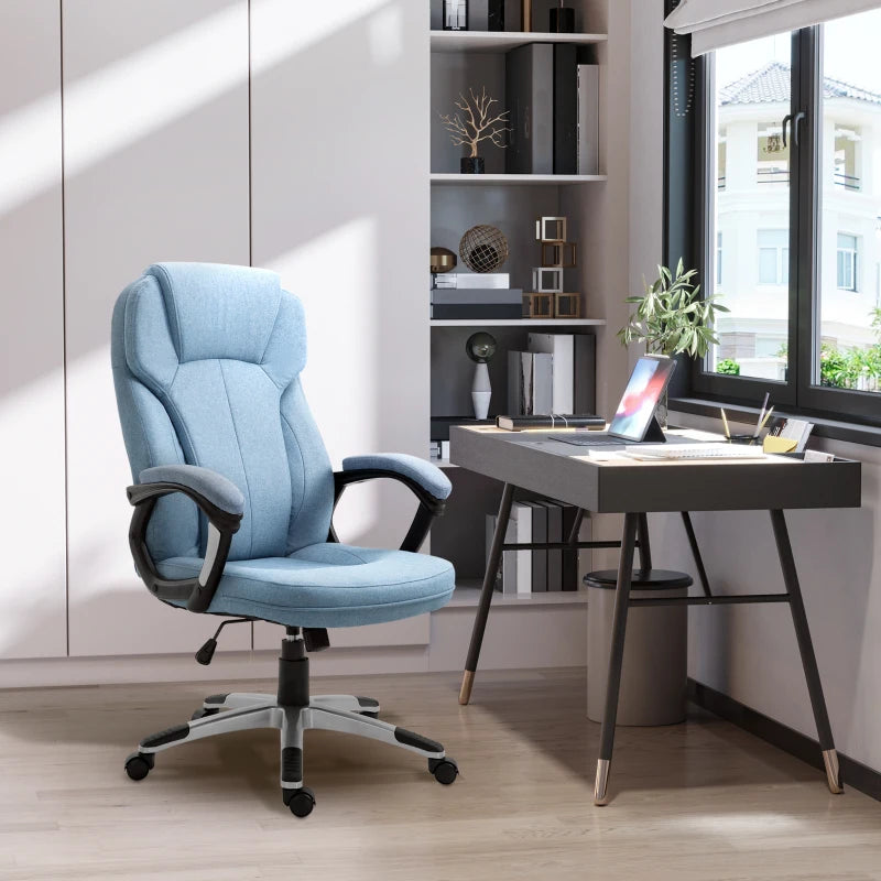 Vinsetto Blue Linen Fabric Office Chair - Height Adjustable Desk Chair with Padded Armrests, Swivel Wheels & Tilt Function