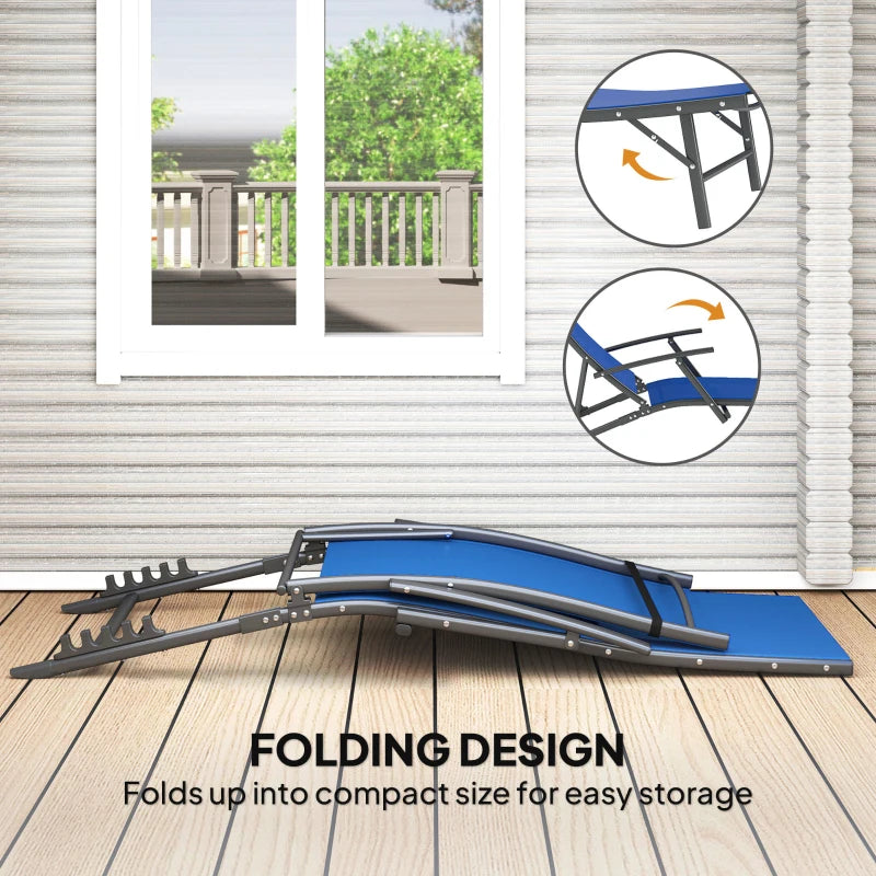 Set of 2 Blue Folding Sun Loungers - Adjustable 4 Position Outdoor Chaise Lounge Chairs with Armrests and Pillows, Steel Frame Sunbed Recliners for Garden, Patio, Beach and Poolside