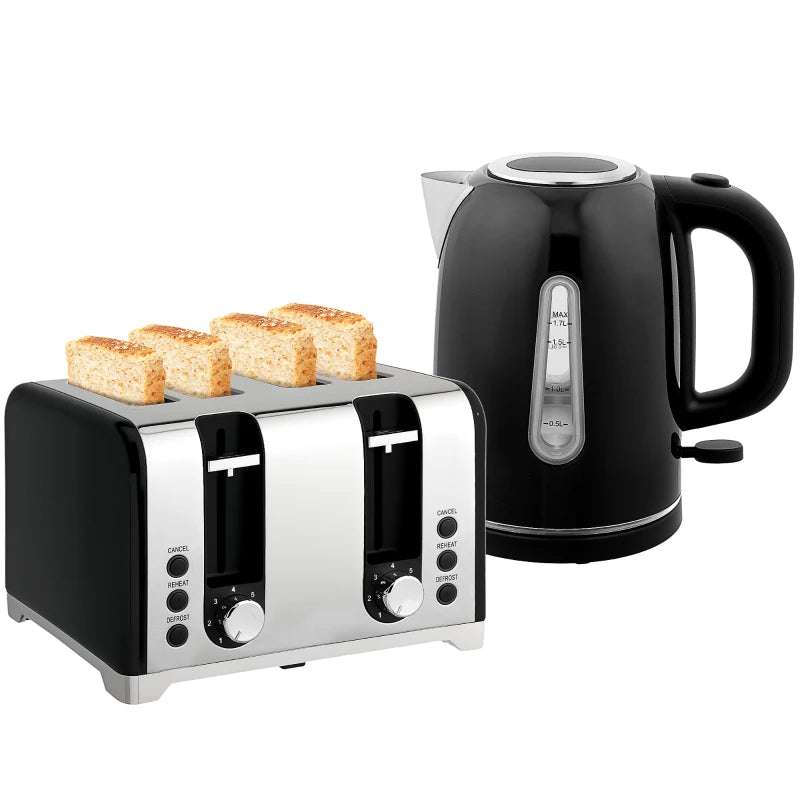 Premium Black Kettle and Toaster Set - 1.7L Rapid Boil Jug Kettle with Strix Thermostat & 4-Slice Toaster with 7 Browning Levels