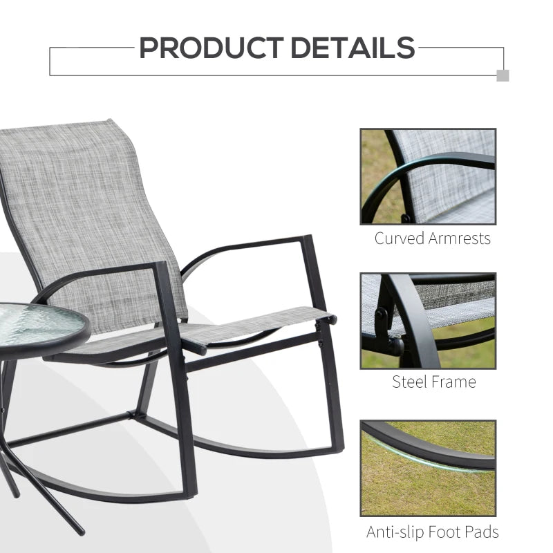 Grey Rocking Chair Bistro Set with Glass Table for Outdoor Spaces