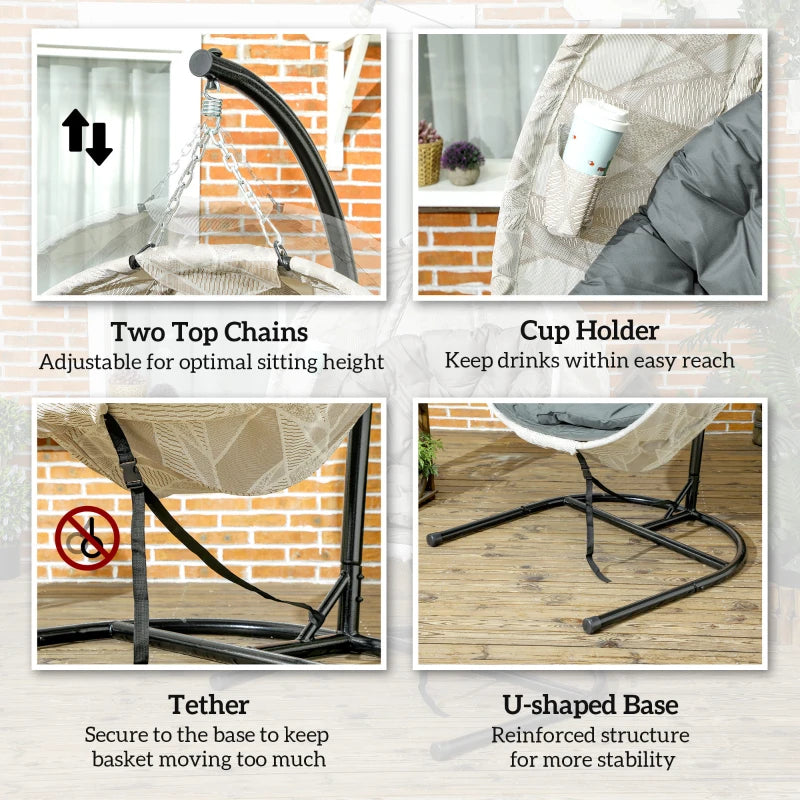 Hanging Egg Chair - Grey Outdoor Indoor Garden Swing Chair with Folding Basket, Stand, Thickened Cushion & Cup Holder - Perfect for Patio & Balcony