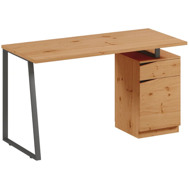 Modern Computer Desk with Cabinet & Drawer - Stylish Writing Desk for Home Office & Study - Metal Legs, Natural Wood Finish