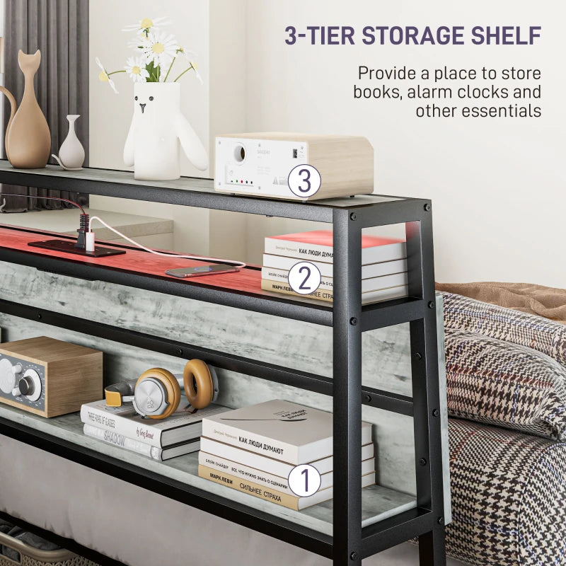 Modern Double Steel Bed Frame with LED Lights & Headboard Shelf - Stylish Grey Design for Ultimate Comfort