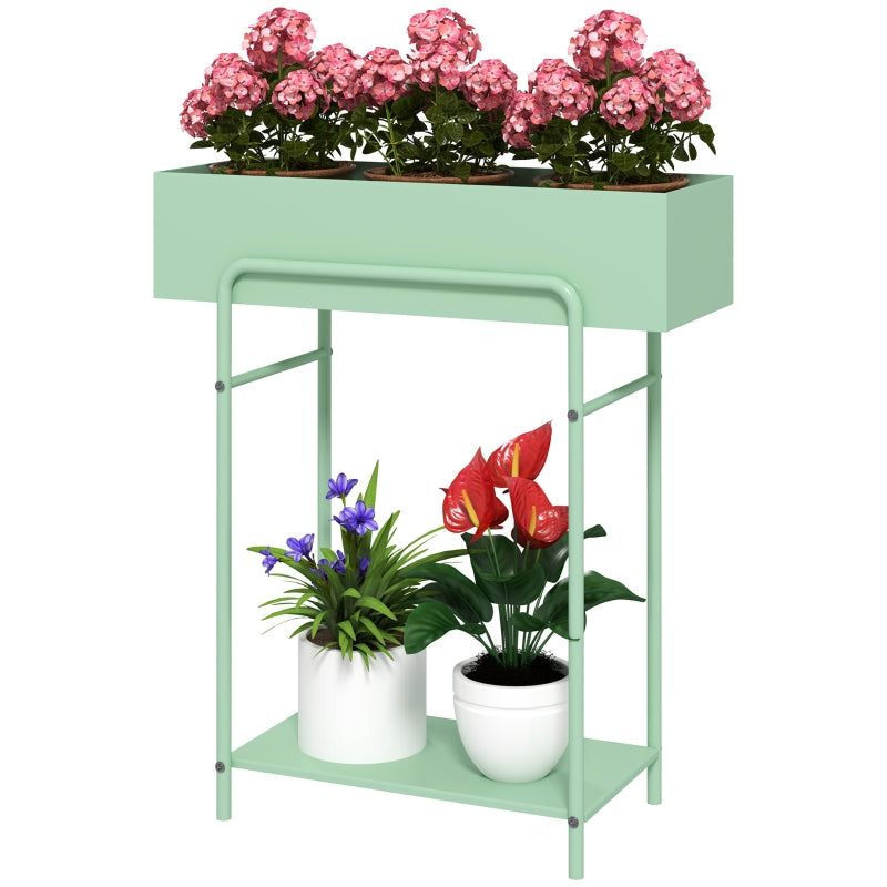 2 Tier Metal Plant Stand - Green Flower Pot Rack Shelf with Drain Holes for Indoor Outdoor Garden, Patio, Balcony, Living Room - 2-Tier Design