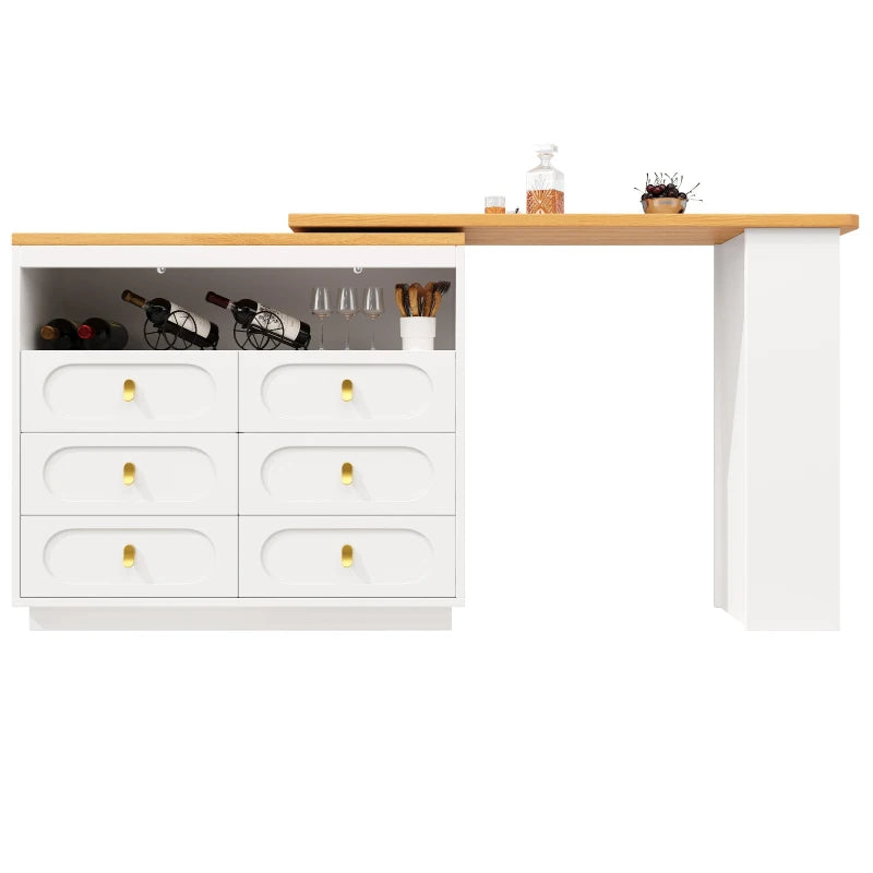 360° Rotating Bar Table with Side Table & Spice Rack - Extendable Kitchen Island with 6 Drawers, White, 137x39x90 cm