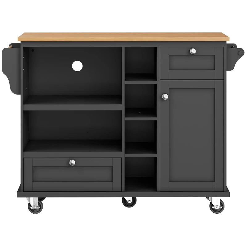 Mobile Kitchen Trolley with 5 Wheels, Drawers & Cupboards - Wooden Food Cart for Kitchen Organization, 129L x 46W x 92H cm, Black