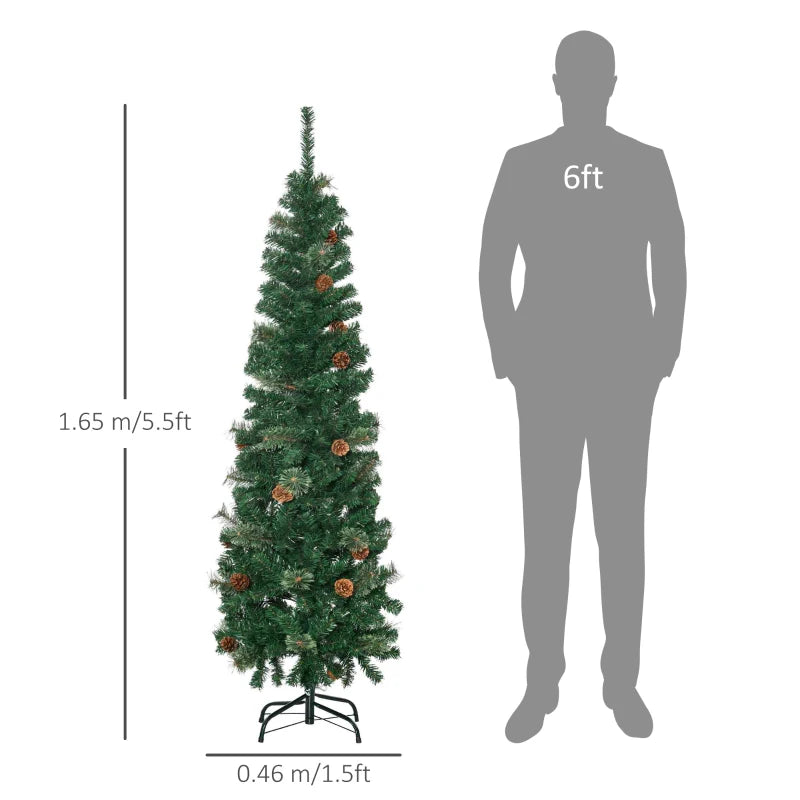 5.5FT Slim Pencil Artificial Christmas Tree with Realistic Branches, Pine Cones & Needles - Perfect Xmas Decoration, Green