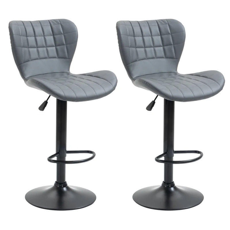 Adjustable Height Swivel Bar Stools Set of 2 - Grey PU Leather Chairs with Backrest & Footrest