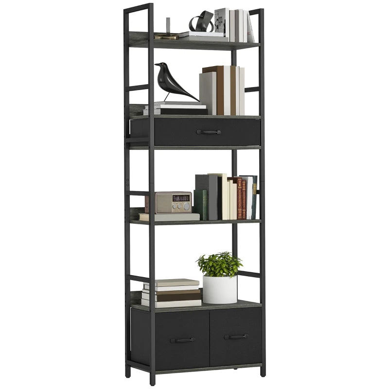 Industrial Style Bookcase with 4 Shelves & 3 Fabric Drawers - Modern Grey/Black Storage Solution for Home or Office