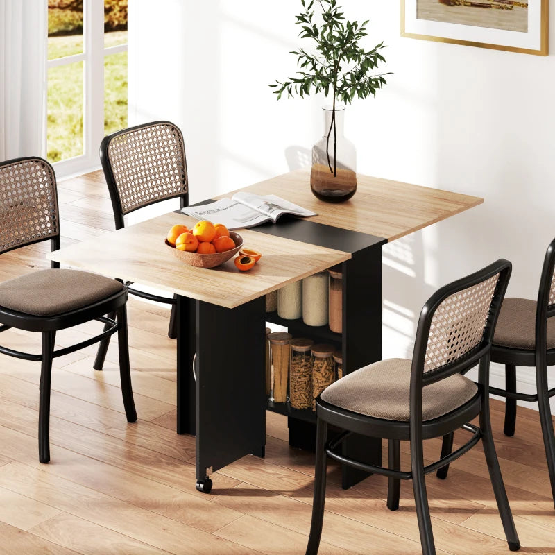 Folding Drop Leaf Dining Table with 2-Tier Shelves & Rolling Casters - Space-Saving Oak & Black Design for Kitchen