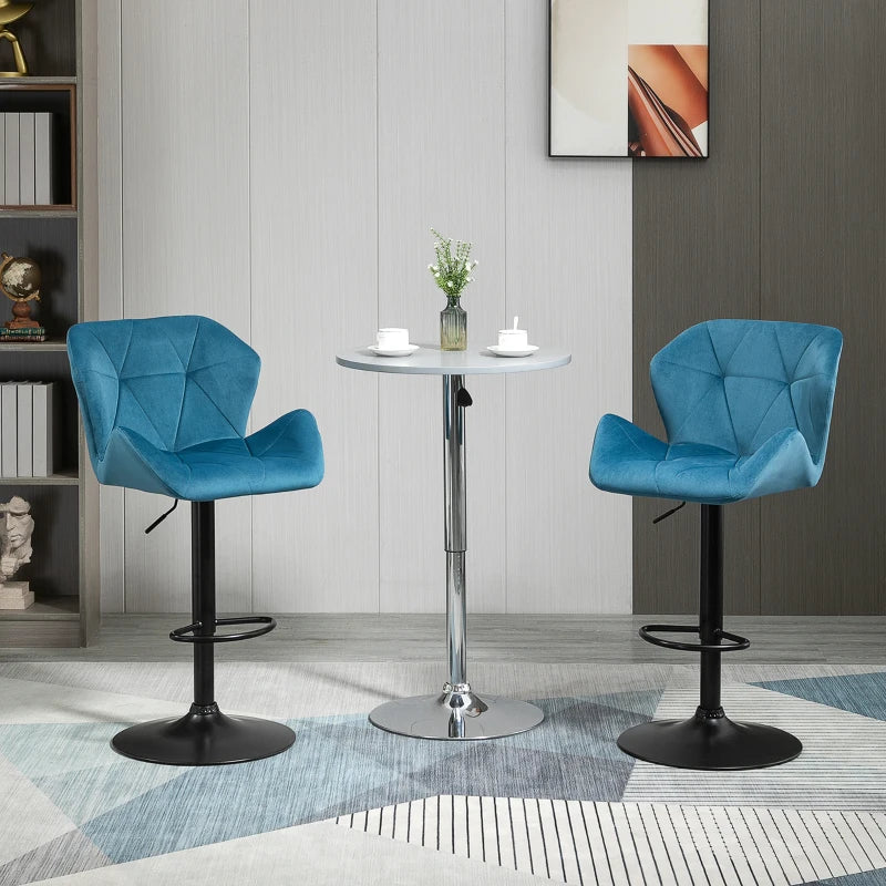 Luxurious Velvet Bar Stools Set of 2 - Adjustable Height Swivel with Metal Frame, Round Base, Blue Triangle Design