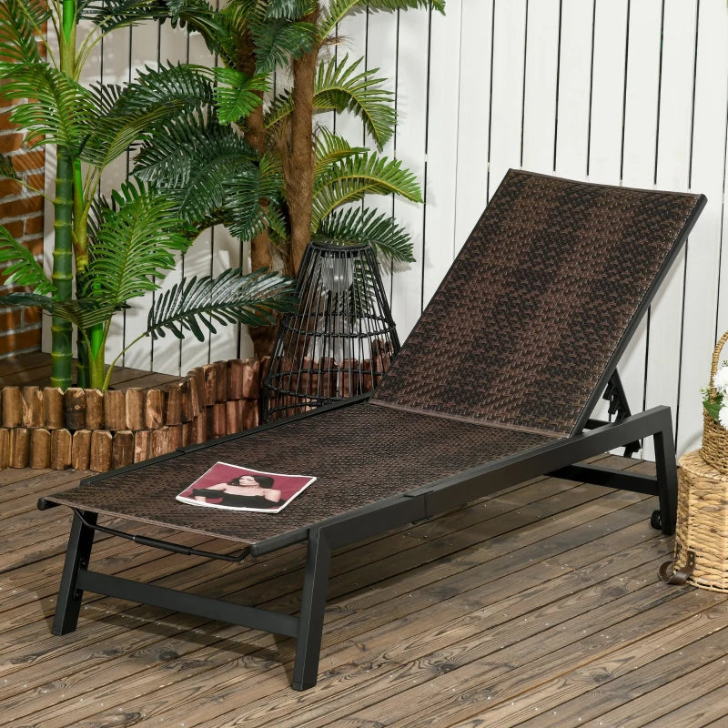 Brown Rattan Patio Sun Lounger with 5-Position Backrest and Wheels