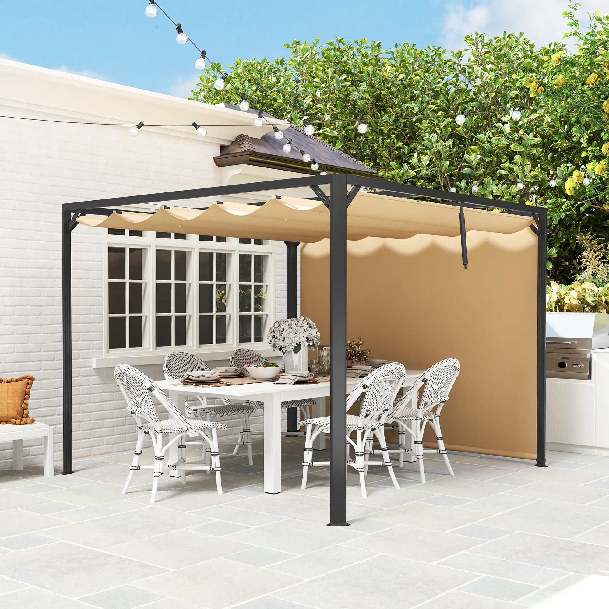3m x 3m Aluminium Pergola With Retractable Roof and Wall - Khaki