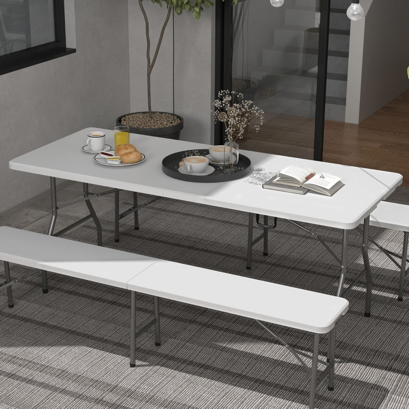 180 x 75cm Folding Garden Table - Outdoor HDPE Picnic Table for 6 - Rectangular White Patio Table with Metal Frame
