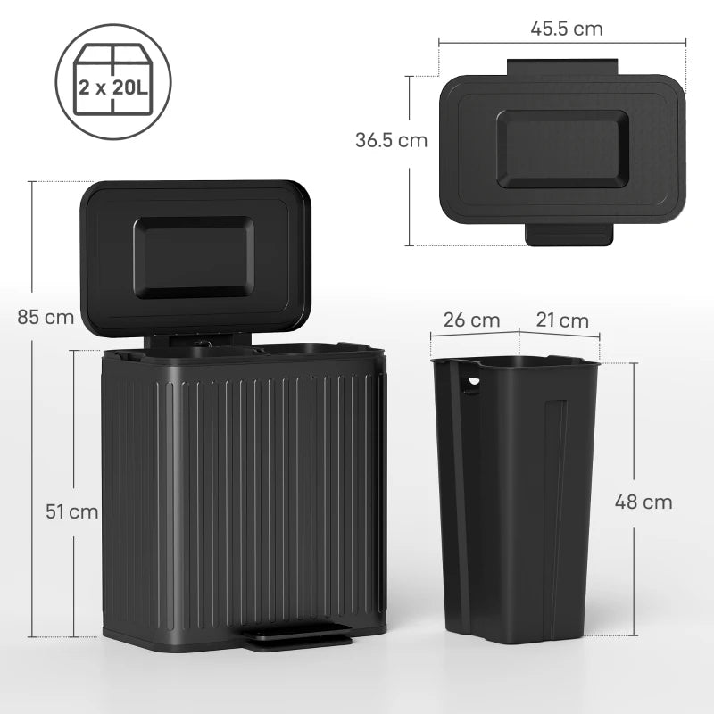 40L Dual Compartment Rubbish Bin with Soft-Close Lid - Stylish Black Trash Can for Kitchen & Home Organization