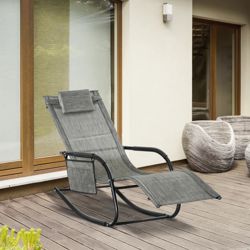 Dark Grey Outdoor Rocking Chair with Mesh Fabric and Storage Bag - Removable Headrest Pillow, Armrest & Side Storage Bag