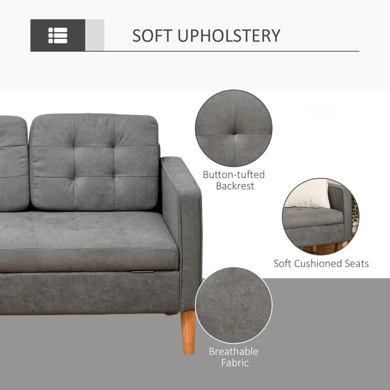 Modern 3-Seater Sofa with Hidden Storage, 169cm Tufted Cotton Couch, Compact Grey Living Room Furniture