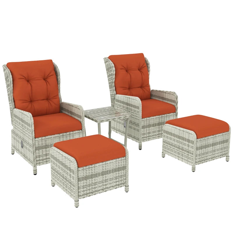 5-Piece Orange Rattan Bistro Set - Adjustable Back Reclining Wicker Balcony Furniture with Cushions, Glass Top Coffee Table and Footstools - Outdoor Table and Chairs
