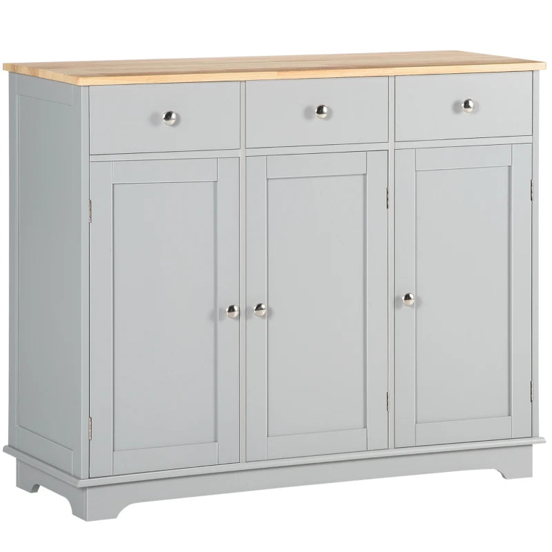 Modern Grey Sideboard with Rubberwood Top & Adjustable Shelves - Perfect for Dining Room & Kitchen Storage