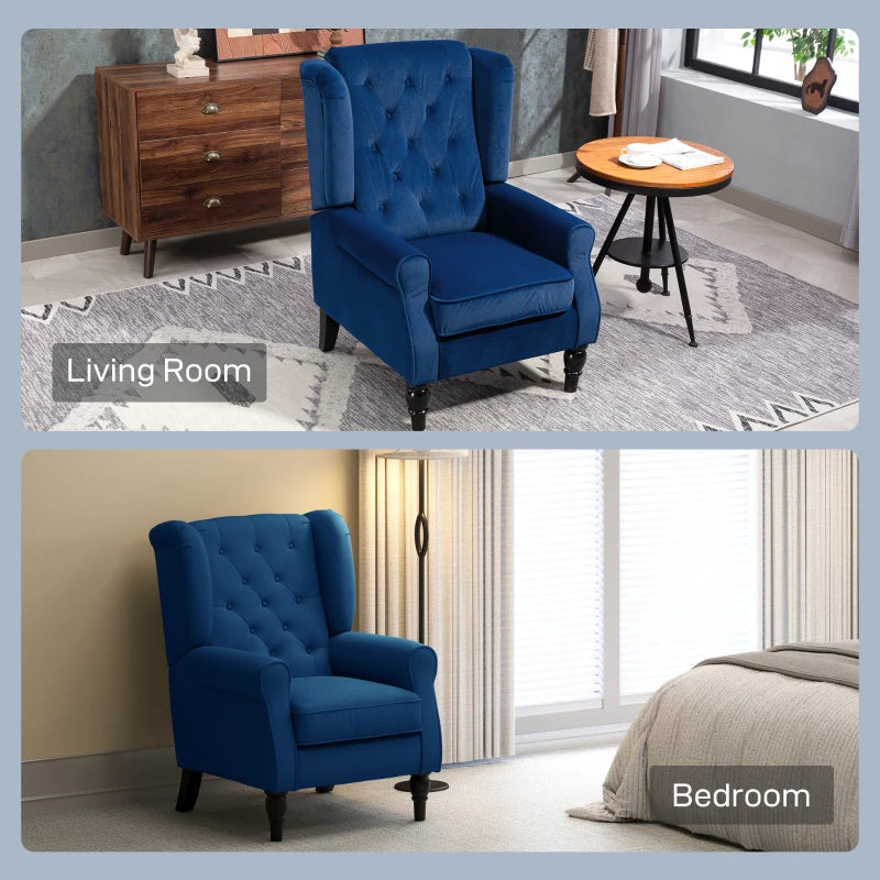 Retro Upholstered Wingback Accent Chair with Button Tufting for Living Room and Bedroom in Blue
