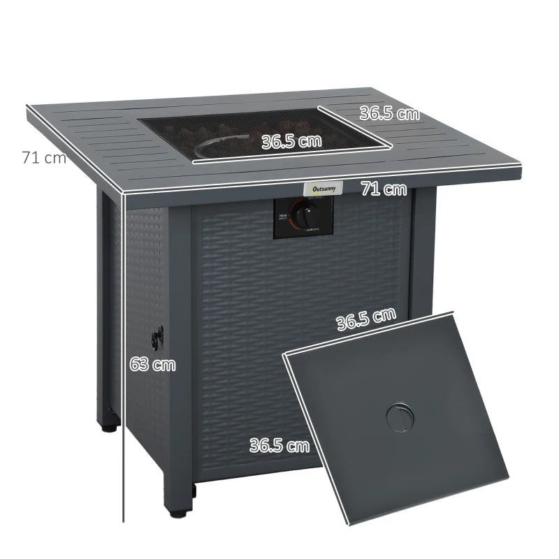 Square Grey Rattan-style Propane Gas Fire Pit Table - 40,000 BTU Smokeless Patio Heater with Thermocouple, Lava Rocks, Waterproof Cover, Spark Guard and Lid