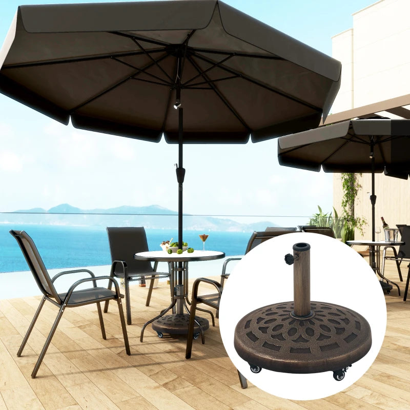 21kg Heavy Duty Round Garden Parasol Base with Wheels - Bronze Umbrella Stand for 34mm, 38mm, 48mm Poles - Ideal for Deck and Poolside