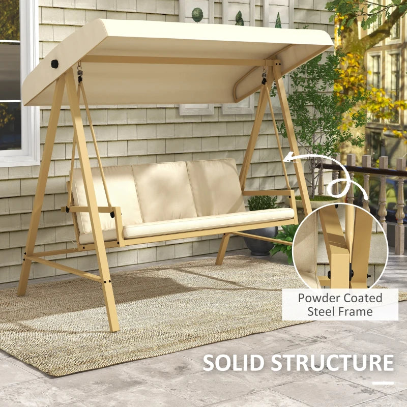 Beige 3-Seat Garden Swing Chair with Adjustable Canopy
