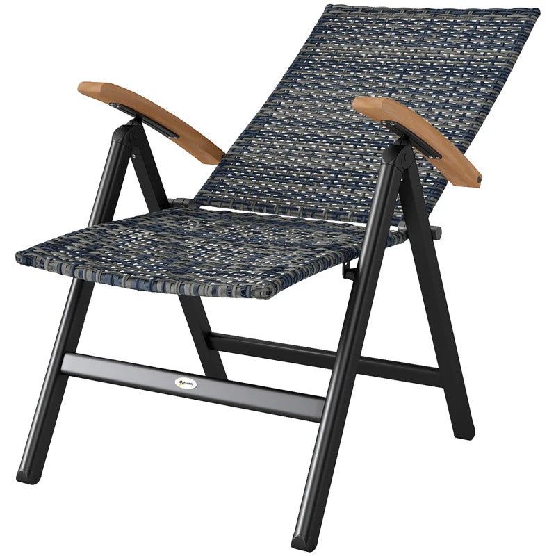Folding Rattan Garden Dining Chair - 5-Level Reclining High Back, Wood Armrests, Outdoor Patio Furniture - Mixed Grey