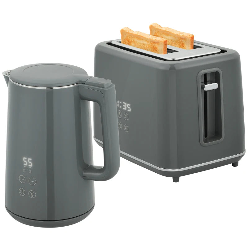 Digital Stainless Steel Kettle & Toaster Set - 1.5L Fast Boil 3000W Kettle, 2 Slice Toaster with 7 Browning Levels, Grey