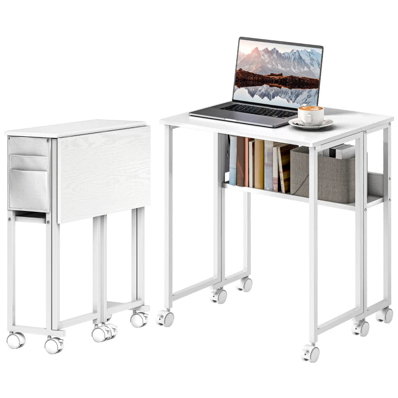 63 cm White Drop Leaf Writing Desk - Compact Home Office Workstation with Versatile Folding Design