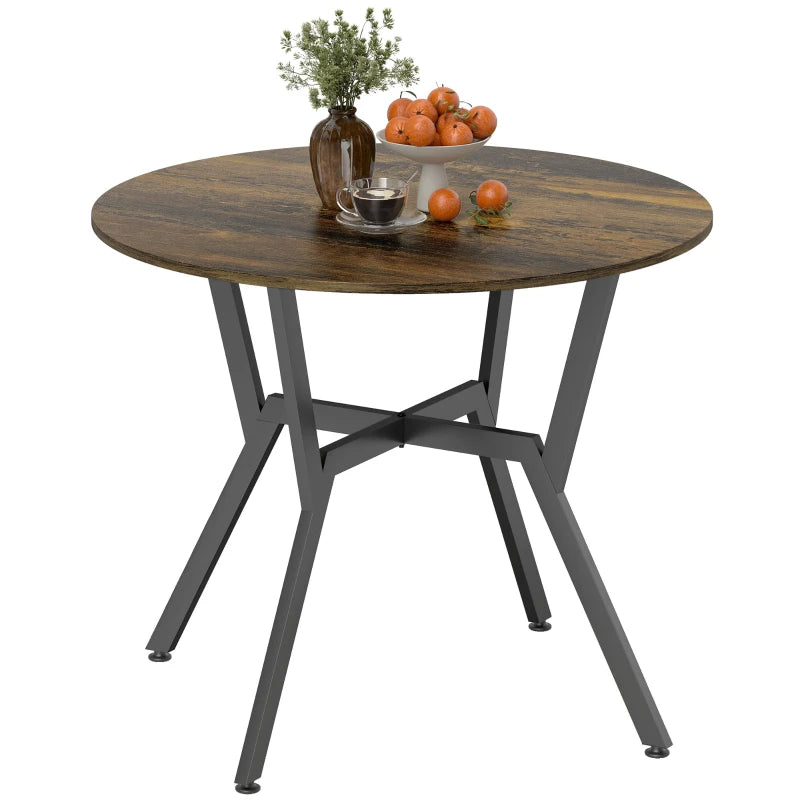 Rustic Brown Round Dining Table with Black Legs & Anti-Slip Foot Pads - 90 x 76 cm for Living Room & Kitchen