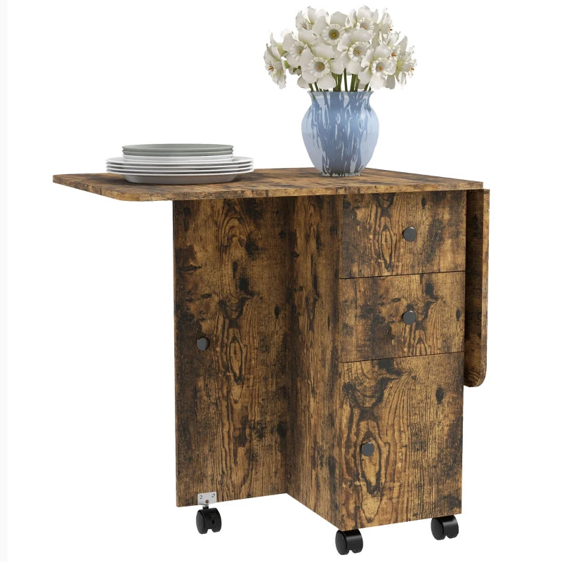 Rustic Brown Multi-Storage Drop Leaf Dining Table for Six - Space-Saving Design, Perfect for Family Gatherings