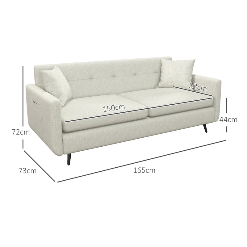 Modern 165cm 3-Seater Sofa for Living Room, Tufted Fabric Couch with Steel Legs and Storage Pockets, Beige