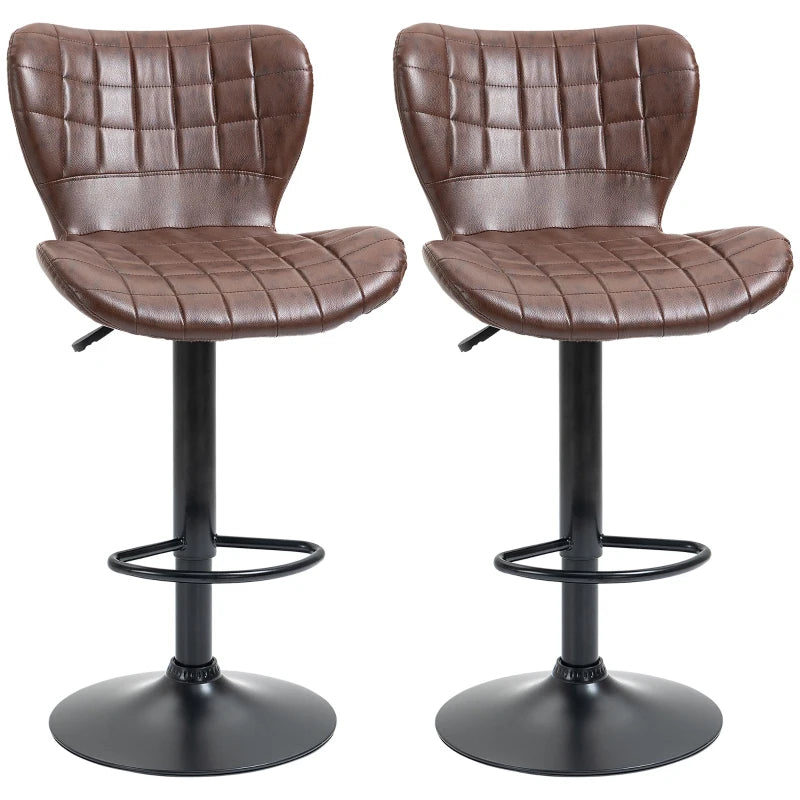 Set of 2 Adjustable Height Swivel Bar Stools in Brown PU Leather with Backrest & Footrest - Modern Design
