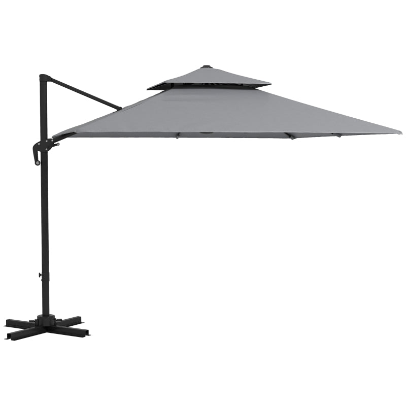 3 x 3m Light Grey Cantilever Parasol with Aluminium Frame, Crank and Tilt, 360° Rotation, Double Top Garden Umbrella with Base and Cover