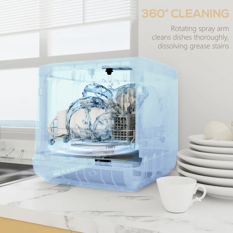 Compact Table Top Dishwasher - Mini Countertop Design, 6L Built-in Water Tank, 6 Wash Programs, 4 Place Settings, White