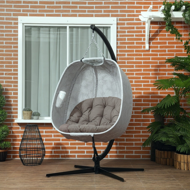 Hanging Egg Chair - Outdoor Indoor Garden Swing Chair with Folding Basket, Thickened Cushion, Cup Holder - Sand Brown