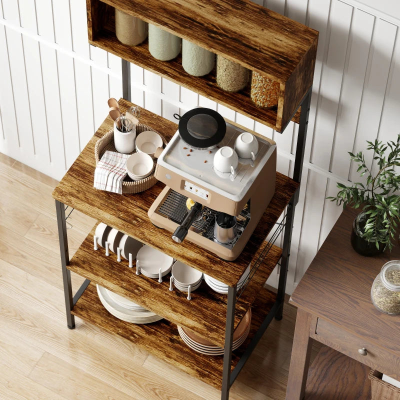 Rustic Brown Bakers Rack with Power Outlet & USB Charger - Adjustable Microwave Stand & Kitchen Storage Unit with 5 Hooks