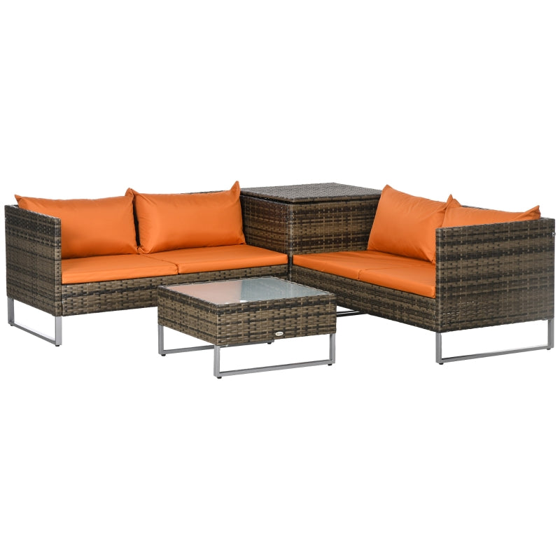 4-Piece Rattan Sofa Set with Storage Table - Orange/Brown