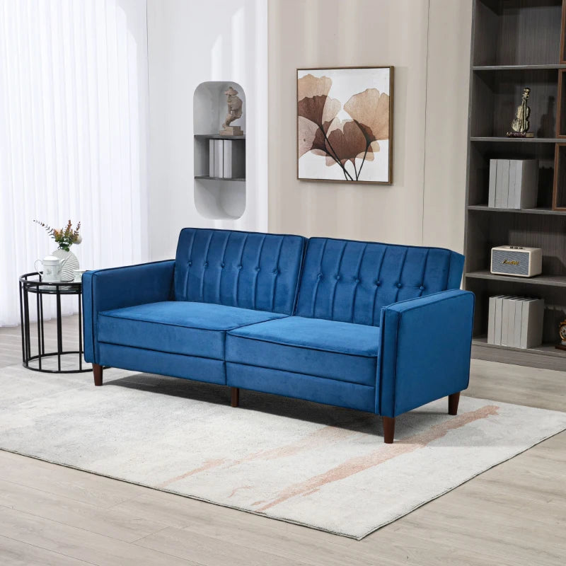 Velvet-Feel Three-Seater Sofa Bed in Blue for Stylish Living Room Comfort