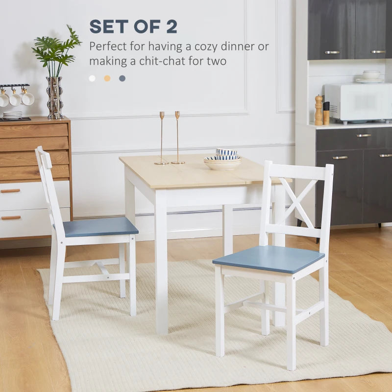 Set of 2 White Pine Wood Dining Chairs with Cross Back Design - Solid Kitchen & Living Room Seating
