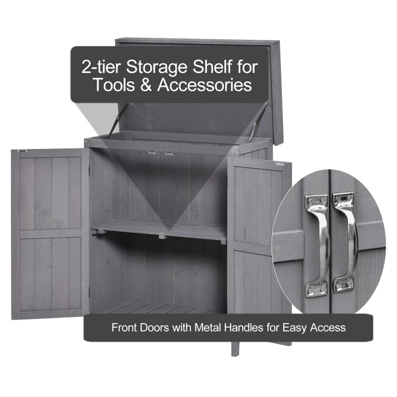 Wooden Garden Shed with Hinged Roof and Removable Shelf Outdoor Tool Storage Cabinet Double Doors 74x43x88cm Grey